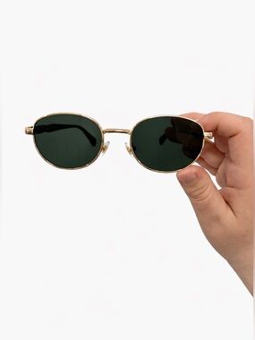 Gold Frame Oval Sunglasses with Dark Green Lenses